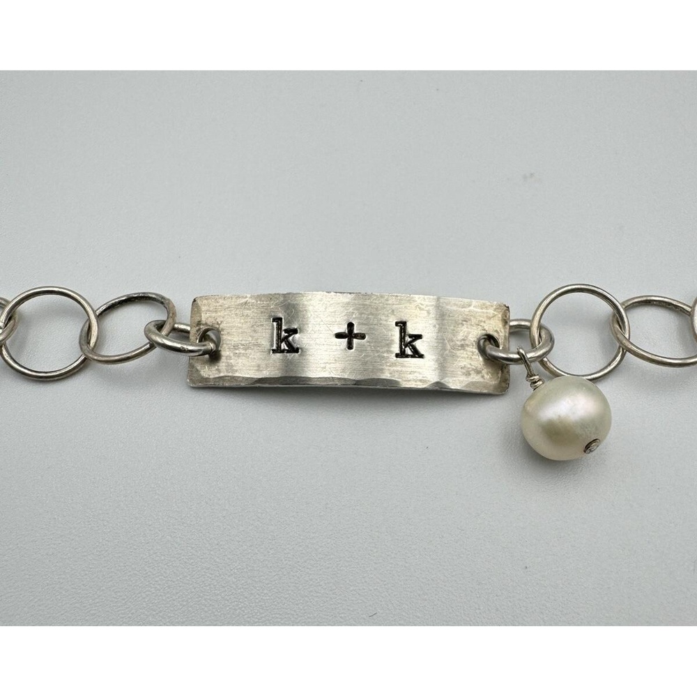 Sterling Silver 925 K&K Initial Plate Circle Link 8" Bracelet Pearl‎ Accents - Picture 5 of 8